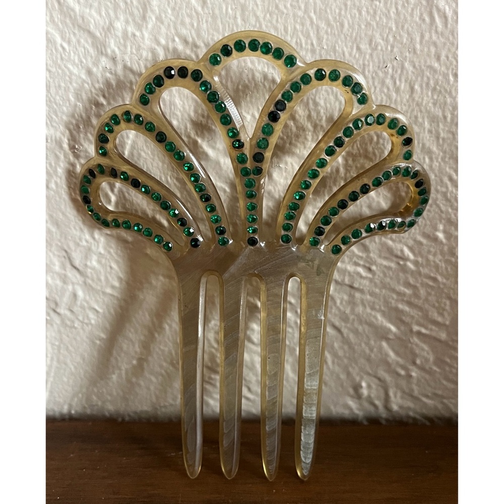 💚Vintage Celluloid Sevilla Spanish Flamenco Hair Comb with Green Crystal Gems💚